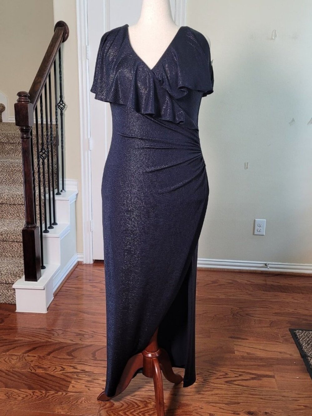 Ralph Lauren Formal Evening Dress Blue Women 14 Ruched Wrap Mother of Bride Gown